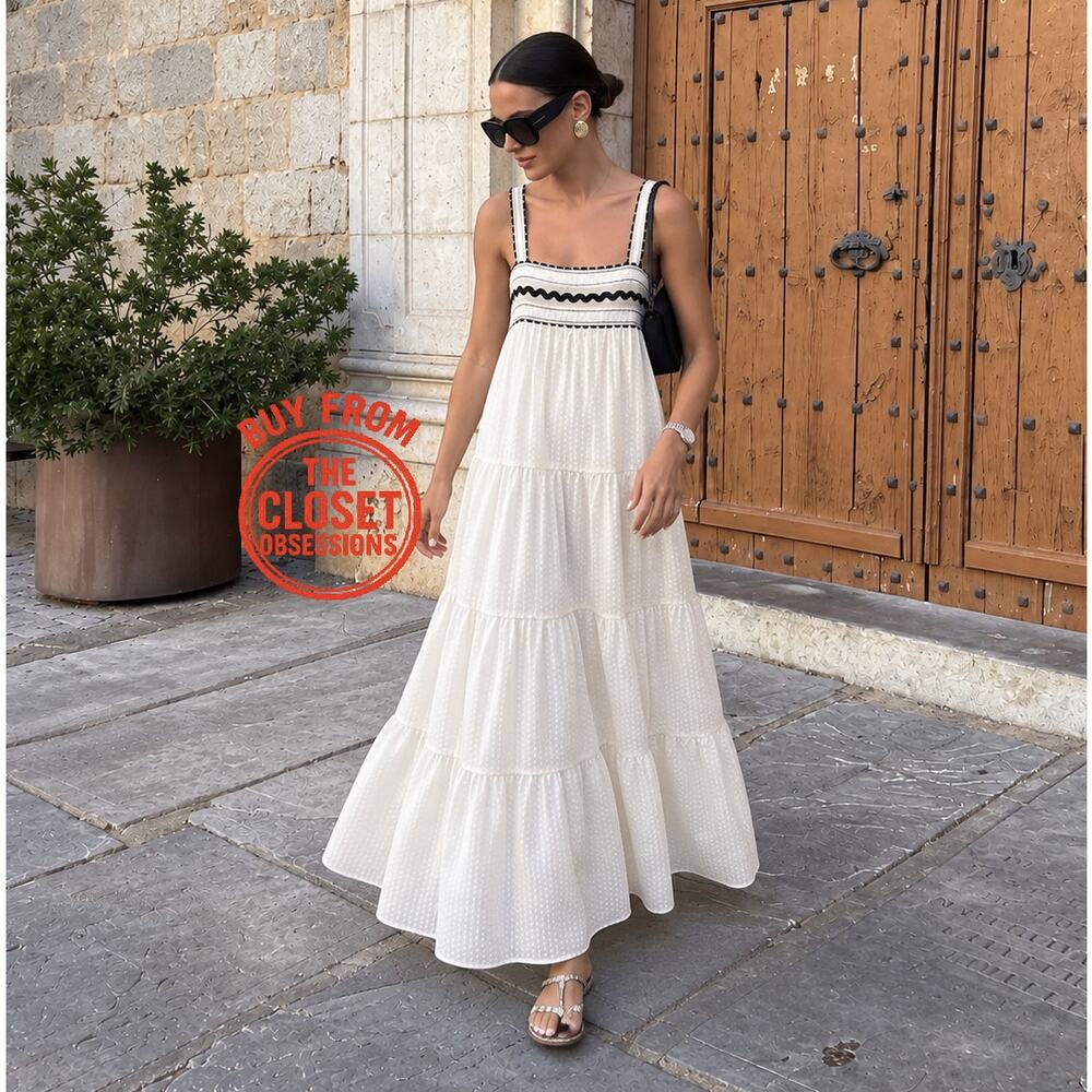 Zara NWT Cream Seersucker Cotton Tiered Midi Dress Lace Applique M - Picture 7 of 16